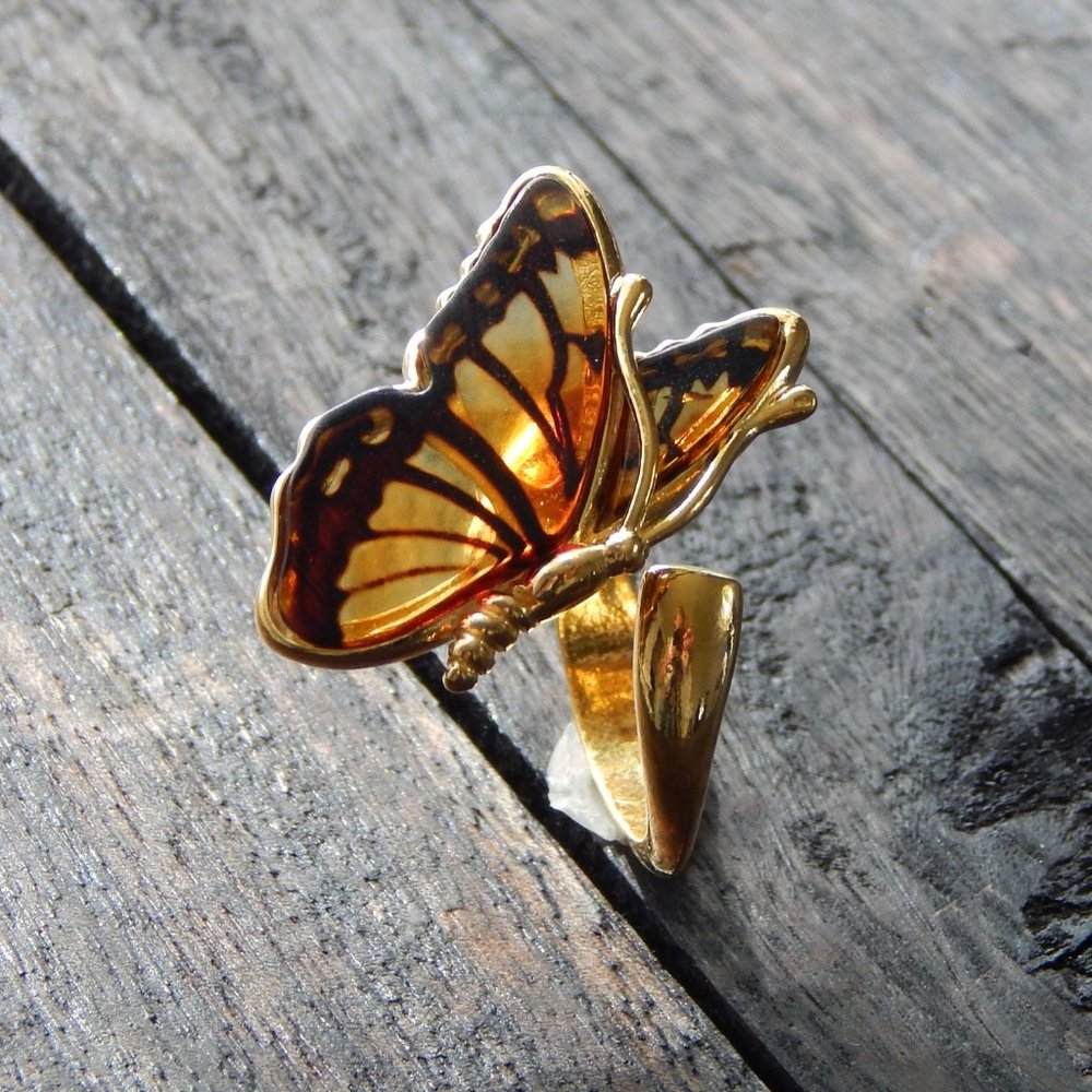 Natural Baltic Amber 14K Gold Plated Adjustable Butterfly Ring - Picture 3 of 6